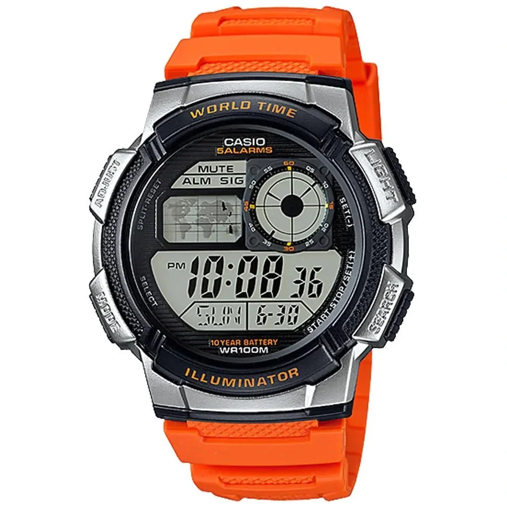 Casio AE-1000W-4BV World Time Digital Watch Orange Band 5 Alarms WR100M